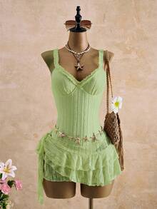Bellisia Women's Ivory Lace Trim Vacation Skirt Set - Green - View 3