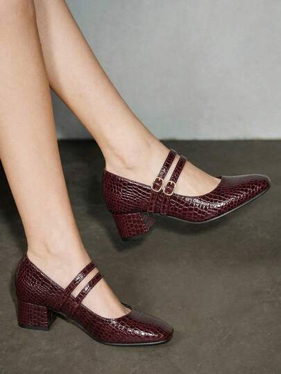 女士 3 厘米粗跟时尚海军蓝、金属酒红色、黑色玛丽珍平底鞋