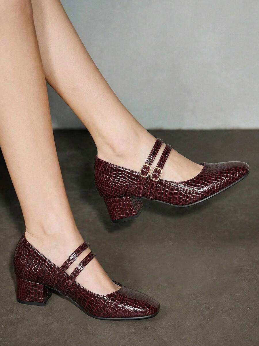 女士 3 厘米粗跟时尚海军蓝、金属酒红色、黑色玛丽珍平底鞋 - 酒紅色 - 查看 1