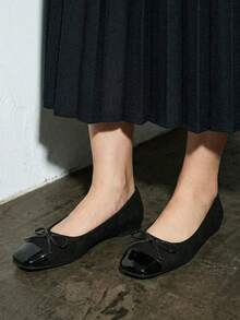 2025新款蝴蝶结方头粗跟平底套脚休闲舒适软底女鞋 - 黑色 - 查看 4