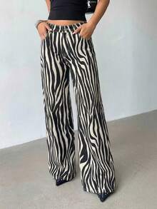 Aloruh 女士口袋斑马纹阔腿宽松休闲牛仔裤 - 白色 - 查看 5