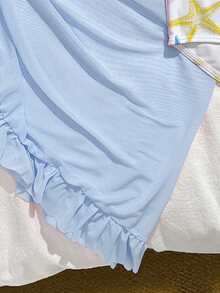 SHEIN Bộ bikini cho bé gái tuổi teen, bộ đồ bơi nhiều màu sắc dễ thương 3 mảnh () - Xanh nhạt, xanh đậm, vàng, hồng, vải dệt kim với dây đeo màu trơn, quần in họa tiết, váy quấn màu trơn, thời trang giản dị thanh lịch, phù hợp cho bơi lội, kỳ nghỉ hè, bãi biển, hồ bơi, tiệc tùng, bộ bikini đi biển cho bé gái, bộ trang phục mùa hè, bộ đồ nghỉ hè 2 mảnh, trang phục đi biển cho bé gái, bộ đồ bơi hình sao biển, trang phục nghỉ hè cho bé gái. - Màu xanh lam - Xem 4