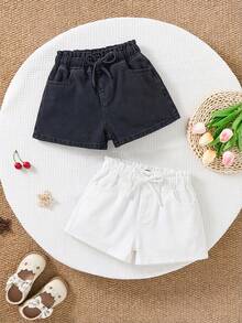 SHEIN 2件裝青少年女孩時尚休閒Y2K復古酷街頭夏季黑白條紋修身牛仔短褲日常穿搭電音節街頭風服飾 - 彩色 - 查看 4
