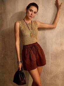PREMIUM 女士弹力腰带抽绳休闲短裤，适合春夏穿着，通勤和时尚百搭 - 鏽棕色 - 查看 5