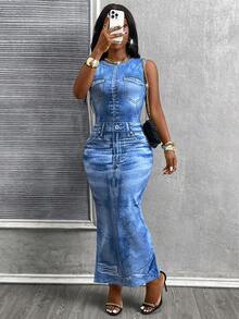 Lureya Women's Fashion Denim Print Round Neck Sleeveless Mid-Length Belted Bodycon Dress, Charming & Sexy, Casual For Daily, Party, Gathering, Spring/Summer Denim Outfit Women Fashion Long Denim Dress - Multicolor - View 4