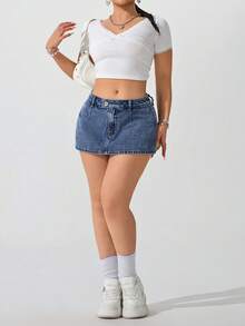 SHEIN ICON Plus Size Women Deep Blue Washed Denim Mini Skirt - Dark Wash - View 8