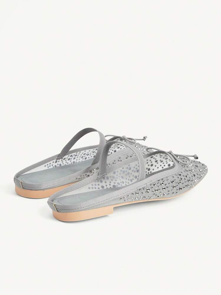 CUCCOO CHICEST Women Shoes Fashion Silver Full Diamond Mesh Bow Mary Jane Flat Mule Shoes Elegant When Comfortable Cute Sweet Women Flat Shoes