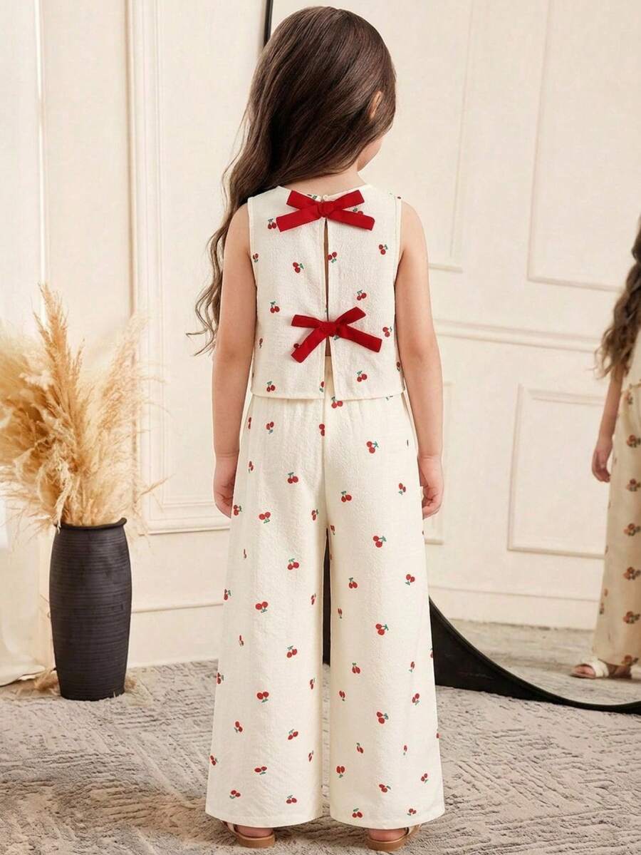 SHEIN 2件套女童碎花无袖上衣和宽松休闲裤套装,甜美可爱撞色蝴蝶结装饰背心和裤子套装 - 米色 - 查看 1