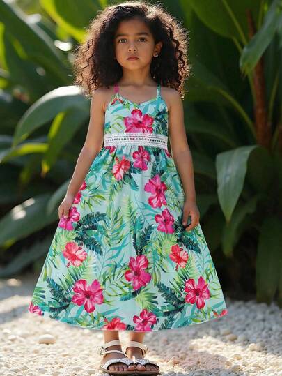 SHEIN Young Girls' Tropical Vacation Spaghetti Strap Dress, Featuring Mint Green Base With Vibrant Hibiscus And Palm Leaf Prints, Exuding Summer Vibriness. Sleeveless Design, Waist Cutout Lace Trim For Flattering Silhouette, Flowy Maxi Skirt. Soft, Breathable And Durable Fabric, Relaxed Fit For Casual Wear. Suitable For Beach Vacation, Daily Outings, Family Photos, Summer Parties And More. Lightweight For Warm Weather. 2026 Spring/Summer 1pc