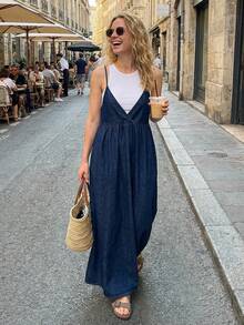 FRIFUL Women's Solid Color Casual Versatile Loose Denim Cami Dress Summer - Blue - View 16