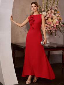 MOTF Soiréza WOMEN'S ROUND NECK SLEEVELESS 3D FLORAL LONG MERMAID DRESS, SPRING/SUMMER - Red - View 1