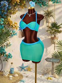 Amplova 两件套：绳结装饰露脐吊带上衣和超低腰迷你裙 - 藍色 - 查看 4