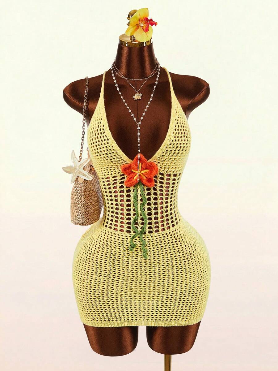 Amplova Y2K Deep V-Neck Bodycon Halter Backless Criss-Cross Contrast Floral Sexy Bodycon Mini Dress - Yellow - View 1