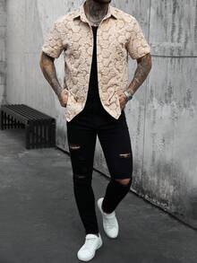 SLATEMANN Camisa de verano elegante de manga corta con botones delanteros para hombre - Caqui - Ver 5