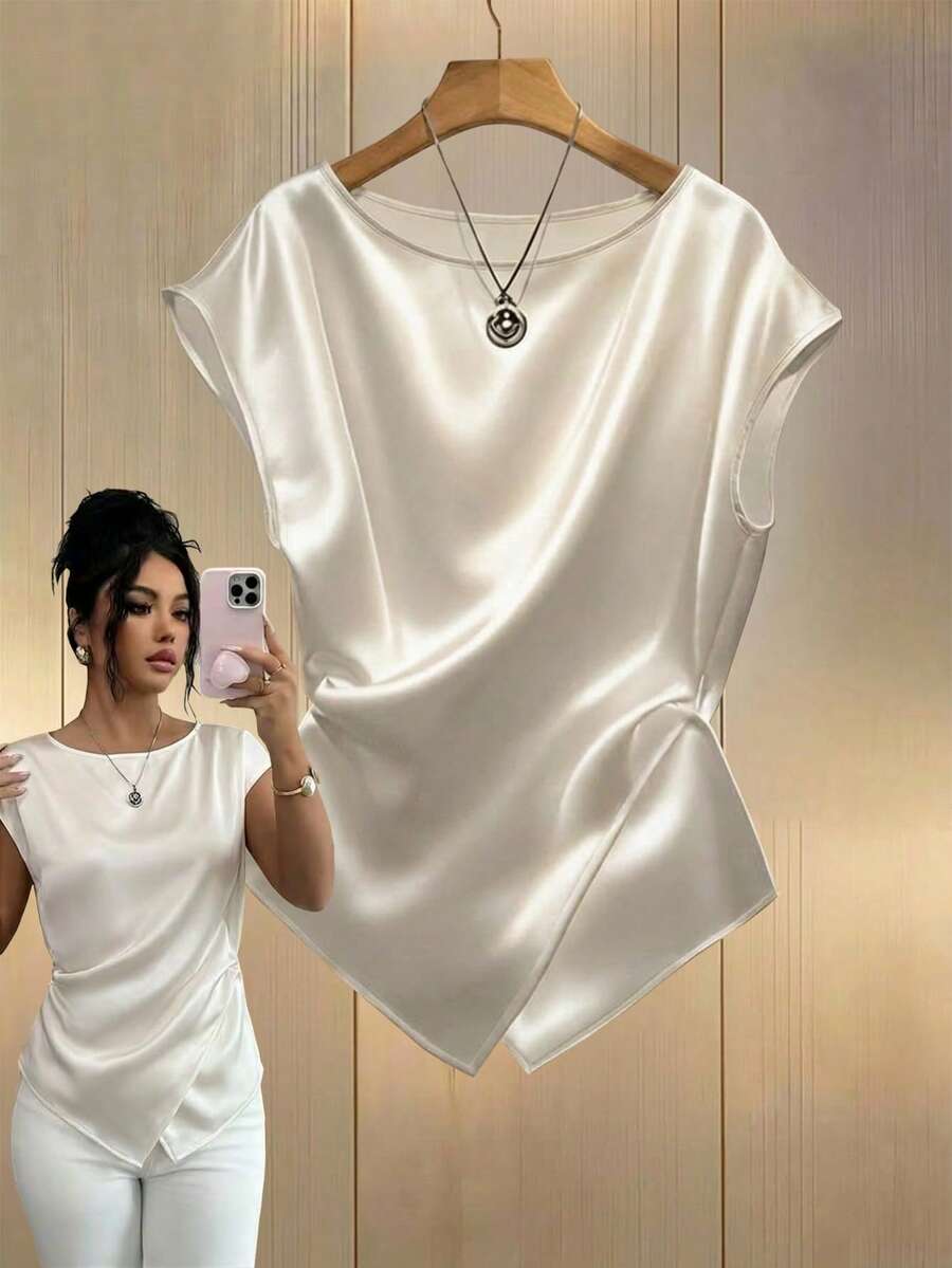 Lyxana Spring/Summer New Round Neck Dropped Shoulder Sleeveless Side Zipper Asymmetric Hem Fashionable Elegant Casual Women Blouse - Apricot - View 1