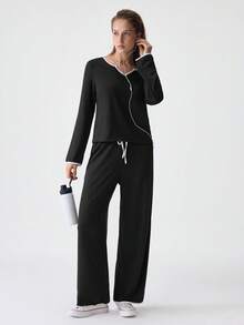 SHEIN Contrast Binding Notched Neckline Knot Front Lounge Set, Fall Winter Clothes, Cozy Outfit - Black - View 9