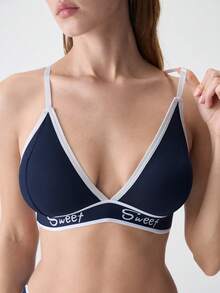 Loungeista Conjunto de sujetador y panty de gráficos de letras con encuadernación de contraste, conjunto de lencería deportiva - azul real - Ver 8