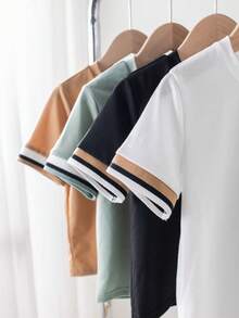 SHEIN 4件套男童休闲简约圆领短袖T恤，卡其绿、黑、白组合，夏季日常百搭 - 彩色 - 查看 4