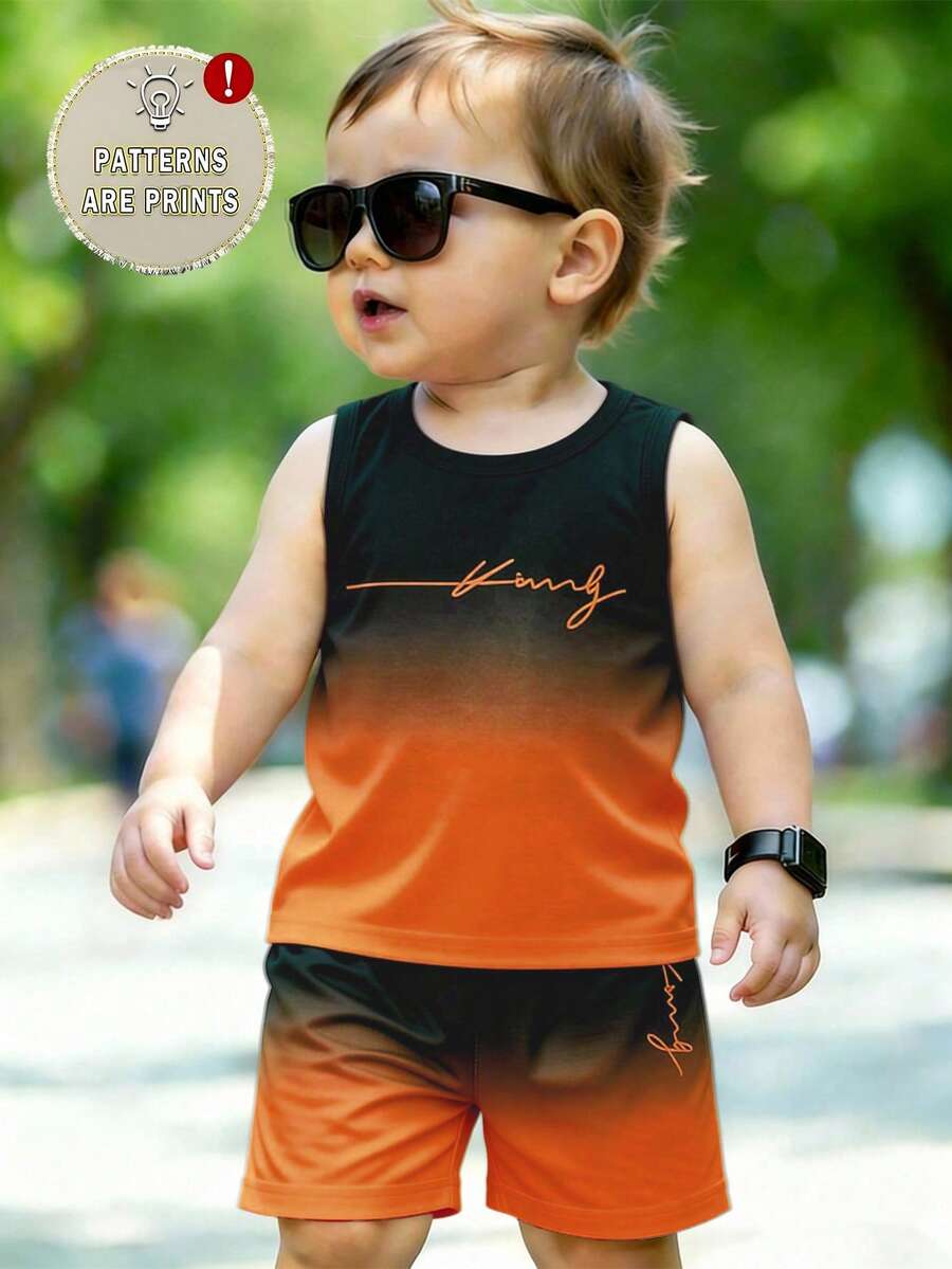 2 piezas Conjunto casual para niño, parte superior de tirantes con estampado de logo degradado a juego con pantalones cortos con estampado de logo, adecuado para salidas en verano - Multicolor - Ver 1