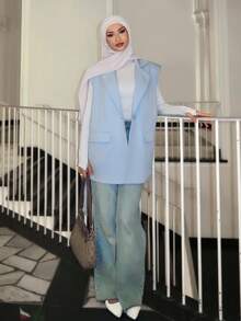 Mulvari Áo blazer không tay dáng rộng, dây buộc eo, vai rộng mới - Màu xanh nhạt - Xem 5