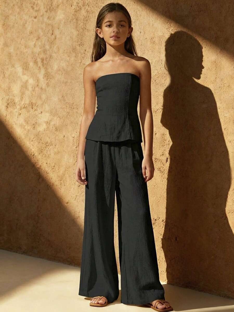 Travachic KIDS 少女休闲度假纯色抹胸上衣和裤子套装 - 黑色 - 查看 1