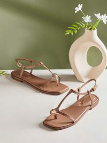 SHUZIA Women's Minimalist Comfortable Gold Metal Decor Ankle Strap Thong Flat Sandals - Mocha Brown - View 5