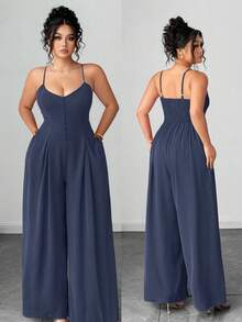 Elenzga Bộ jumpsuit nữ cỡ lớn thanh lịch, trang nhã cho mùa xuân/hè với dây cài nút, eo xếp ly, ống rộng và quần dài. - Màu xanh lam - Xem 1