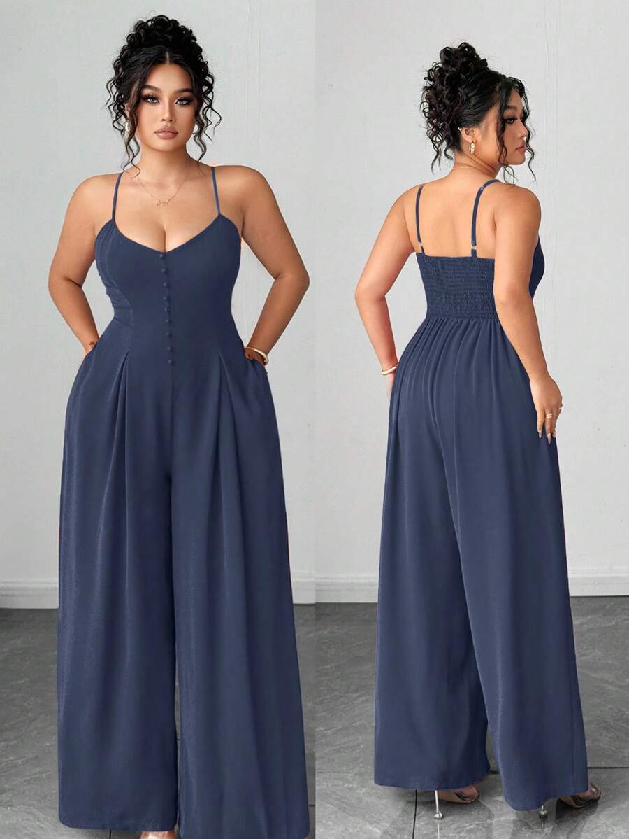 Elenzga Bộ jumpsuit nữ cỡ lớn thanh lịch, trang nhã cho mùa xuân/hè với dây cài nút, eo xếp ly, ống rộng và quần dài. - Màu xanh lam - Xem 1