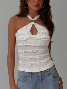 Siren Gaze Áo croptop nữ màu trơn, viền bèo nhún, khoét eo, kiểu yếm gợi cảm. - Màu be - Xem 8