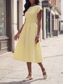 Editum Women's Pale Yellow Summer Casual Brunch Dress,Ruched Waist Flared Solid Color Elegant French Style Retro Country Work Outfits For Wedding Guest - Yellow - View 7