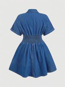 SHEIN MOD Plus Size Denim Midi Dress With Short Dropped Shoulder Sleeves And Flared Hem,Dark Blue,Summer,Casual,Everyday Renaissance Fair Woman Tea Party Dress - Medium Wash - View 2