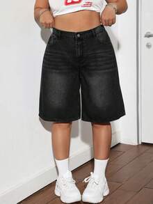 Dripcurv Quần short denim cỡ lớn màu xanh dương, kiểu dáng đường phố gợi cảm, ống rộng, túi chéo phong cách Y2K. - màu đen - Xem 4