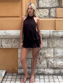 Theaadoraa Women's Casual Solid Color Ruffled Hem Halter Neck Dress, Summer,Elegant Dresses For Women,Party Dresses For Women - Coffee - View 5