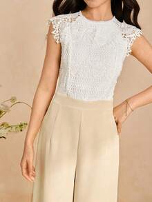 Combinaison élégante avec garniture en dentelle pour filles et femmes, pantalon à taille haute et jambes larges en tissu doux et tissé, convient pour le port quotidien, les fêtes et les rassemblements - Nude - Voir 3