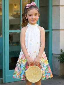 SHEIN 少女碎花无袖修身连衣裙 - 白色 - 查看 1