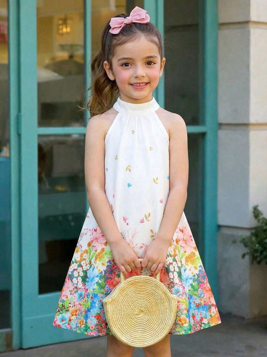 SHEIN 少女碎花无袖修身连衣裙 - 白色 - 查看 1