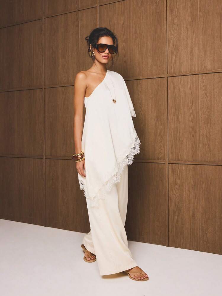 One Shoulder Asymmetric Blouse With Lace Fringe