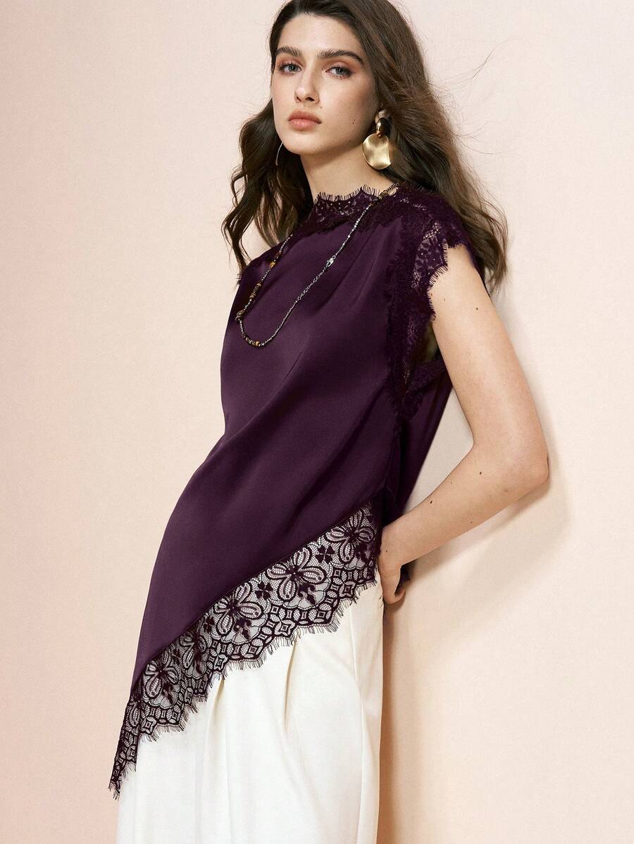 Arave 女士优雅纯色蕾丝拼接不对称下摆衬衫，夏季 - 紫色 - 查看 1