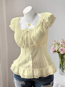 SHEIN Sweetro Cute Casual Petal Sleeve Cinched Waist Button-Front Short Sleeve Summer Shirt - Light Yellow - View 4