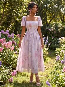 DAZY French Floral Print Elegant Ruffle Collar Short Sleeve Dress For Women Summer Easter Maxi Dress Sundress - Mauve Purple - View 3