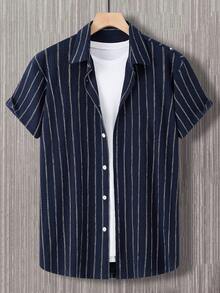 Manfinity CasualCool 男士条纹单排扣休闲短袖衬衫 - 寶藍色 - 查看 3