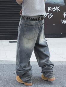 Manfinity EMRG Quần jeans nam dáng suông màu xanh dương cổ điển, ống cong, kiểu dáng thường ngày. - Rửa nhẹ - Xem 2