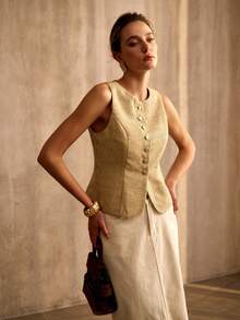 MOTF PREMIUM 女士优雅金色不对称无袖外套 - 棕色 - 查看 4