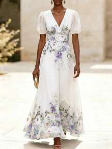 EMERY ROSE Vestido maxi elegante para mujer con estampado, cuello en V, cintura ceñida y corte en A, estampado floral, adecuado para primavera/verano - Multicolor - Ver 4