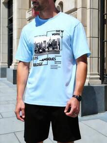 Manfinity Homme Men's Casual Letter Print Round Neck Short Sleeve Loungewear Top - Baby Blue - View 3
