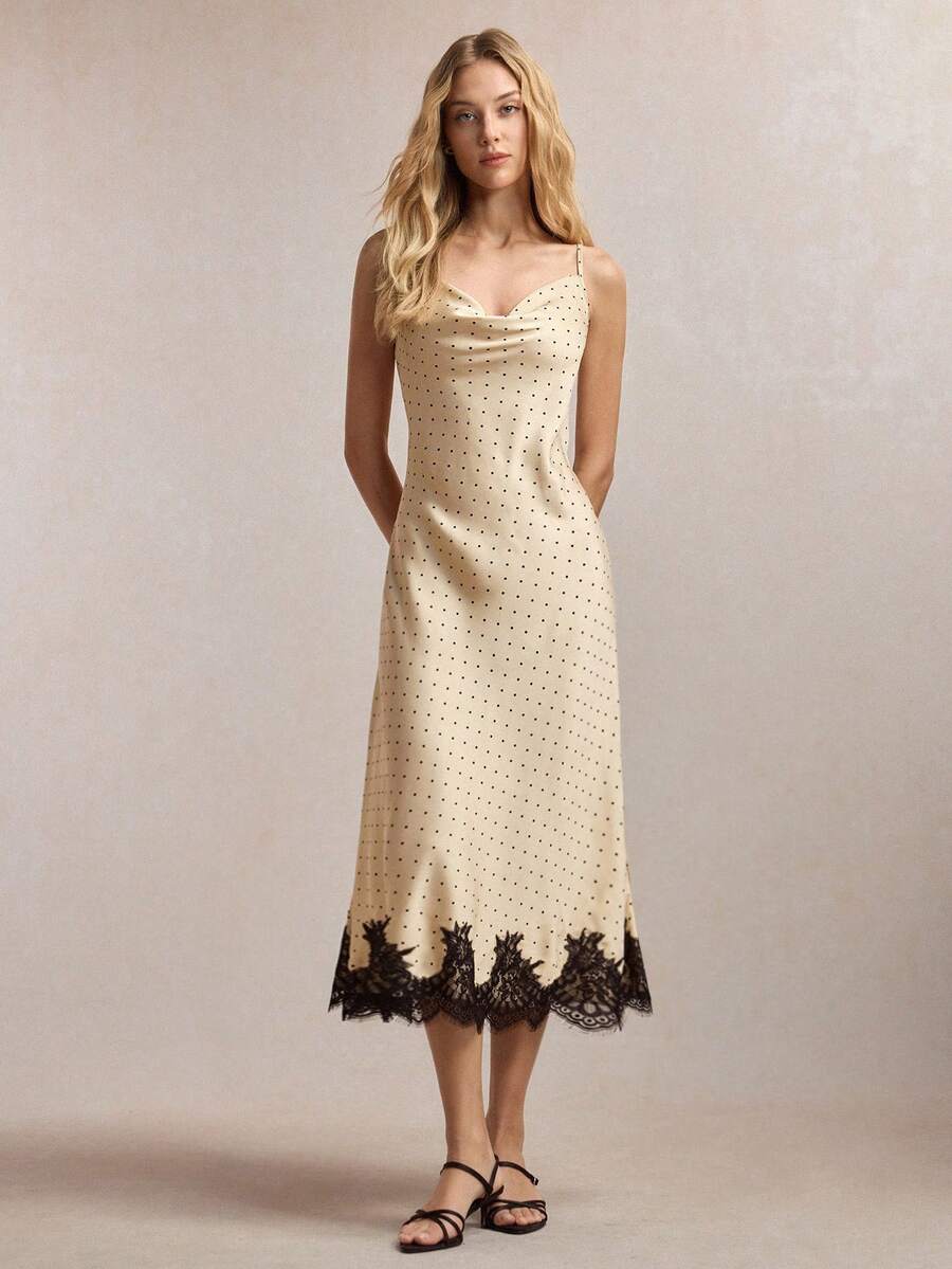 BizChic 夏季新款可调节吊带波点印花蕾丝拼接连衣裙，百搭风格，适合办公室、正式场合、休闲、浪漫、Y2K、90年代复古风、派对、婚礼宾客、伴娘、女主人、日常穿着。 - 杏色 - 查看 1