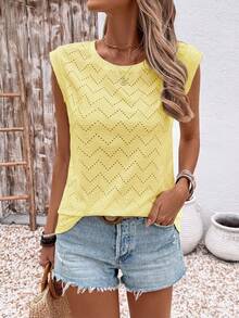 EMERY ROSE Summer Casual Solid Color Textured Wide Shoulder T-Shirt Travel Soft Yellow - Yellow - View 6
