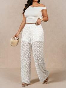 Juhart Pantalones blancos cómodos, de encaje transparente y casuales para playa y vacaciones para mujer de talla grande - Blanco - Ver 1