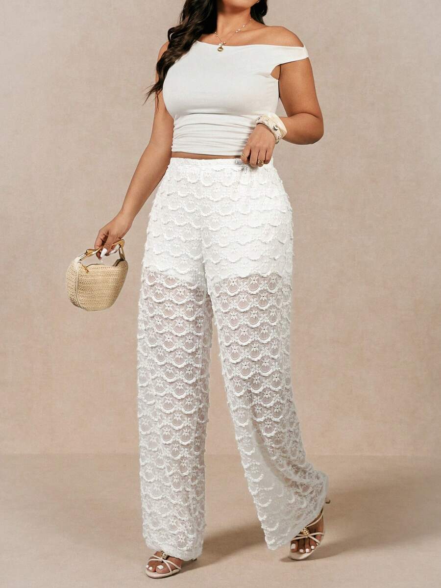 Juhart Pantalones blancos cómodos, de encaje transparente y casuales para playa y vacaciones para mujer de talla grande - Blanco - Ver 1