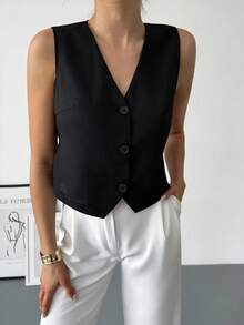 SHEIN قميص أنثوي أحادي اللون بتصميم بسيط بدون أكمام، للارتداء اليومي العادي - الأسود - مشاهدة 5
